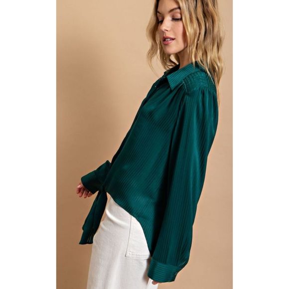 New Gigio Size S M Hunter Green Button Up Smocked Shoulder Striped Blouse Top - Picture 4 of 6